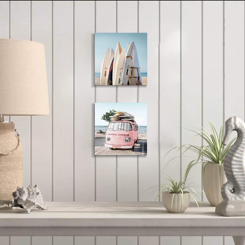 Hardy Gallery Beach Picture Coastal Art Painting: Surfboard & Pink Car Ocean Wall Art on Canvas for Bedroom Bathroom (12â€ x 12â€ x 2 Panels) - Image 3